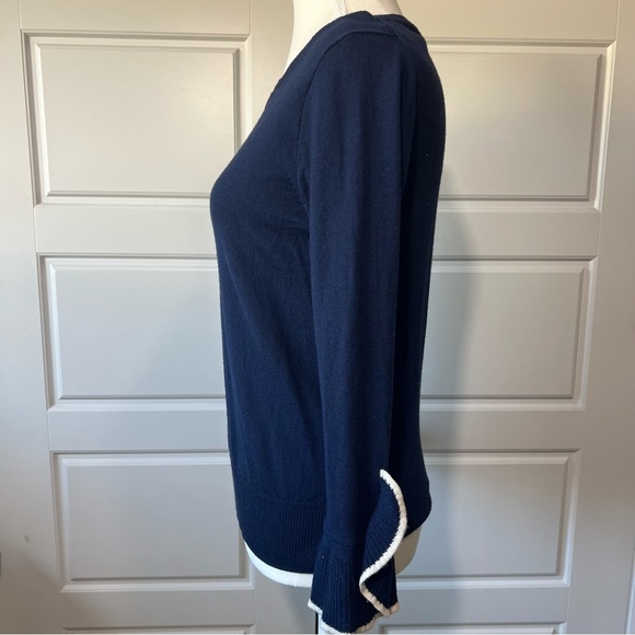 J Crew Navy Blue Ruffle Cuff Long Sleeve Merino Wool Knit Sweater Size Small - Picture 3 of 7